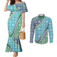 Hawaiian Quilt Pattern Couples Matching Mermaid Dress and Long Sleeve Button Shirt Fresh Color Mixed - Polynesian Pride