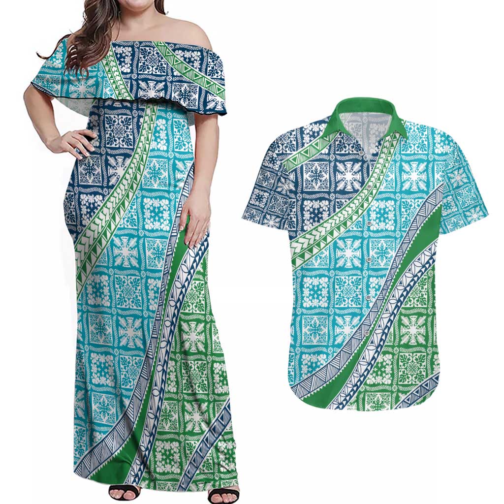 Hawaiian Quilt Pattern Couples Matching Off Shoulder Maxi Dress and Hawaiian Shirt Fresh Color Mixed - Polynesian Pride