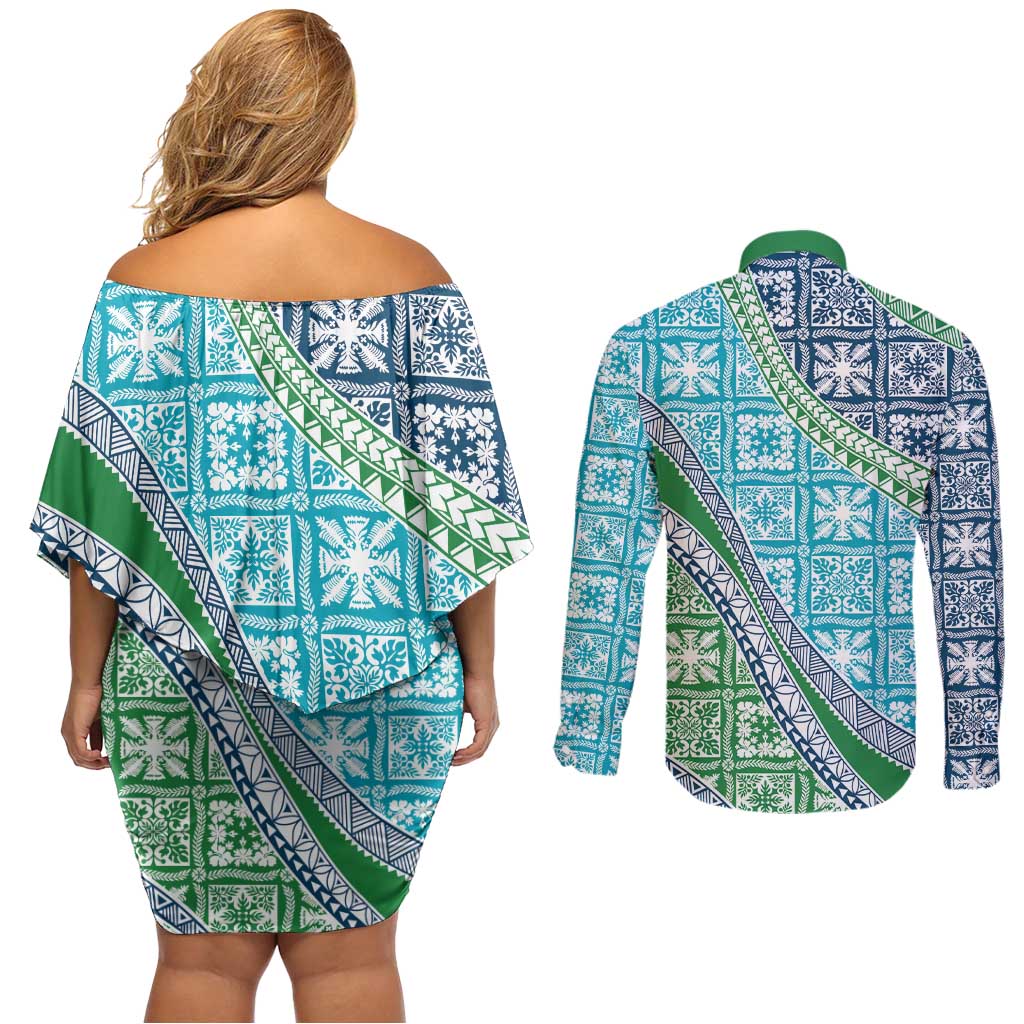 Hawaiian Quilt Pattern Couples Matching Off Shoulder Short Dress and Long Sleeve Button Shirt Fresh Color Mixed - Polynesian Pride