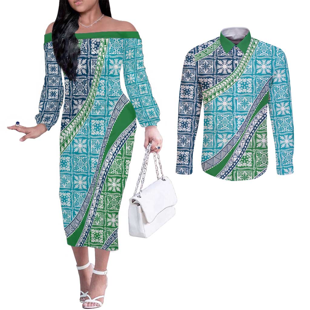 Hawaiian Quilt Pattern Couples Matching Off The Shoulder Long Sleeve Dress and Long Sleeve Button Shirt Fresh Color Mixed - Polynesian Pride