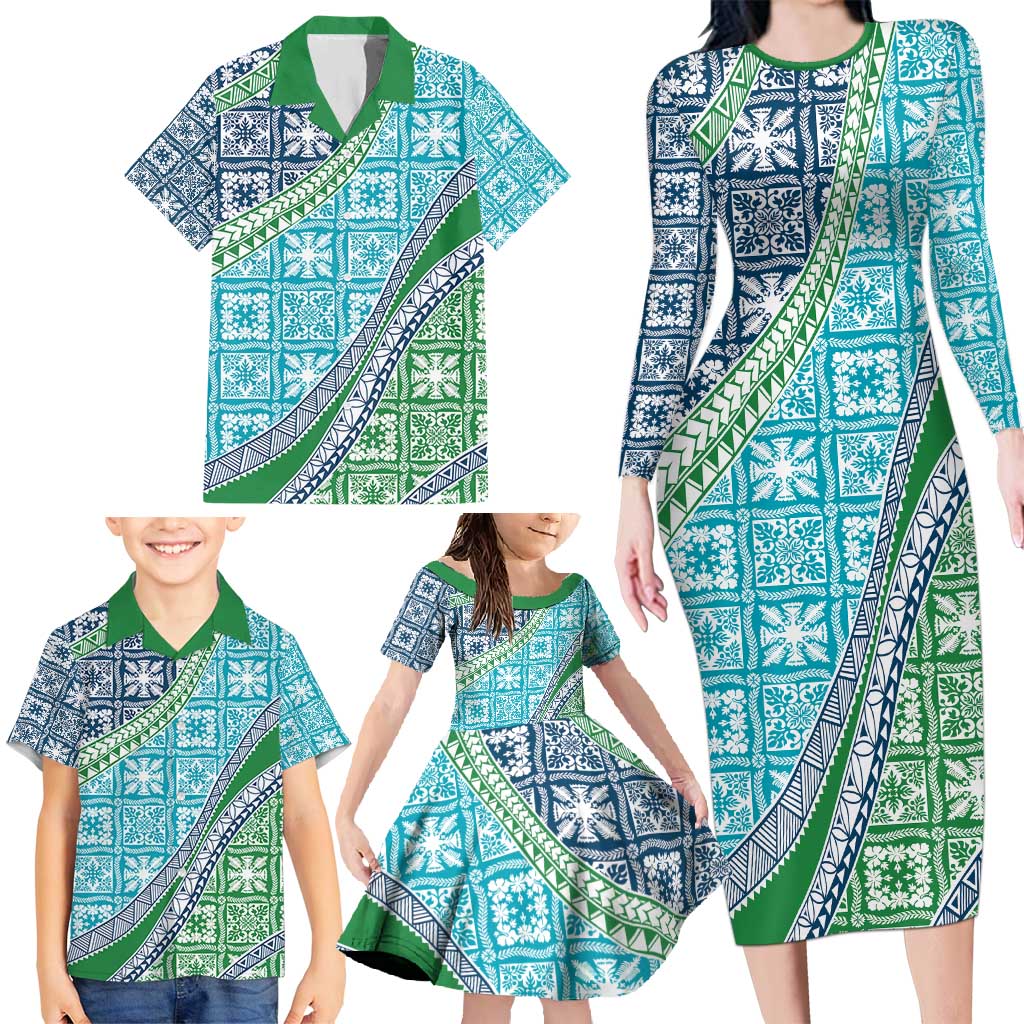 Hawaiian Quilt Pattern Family Matching Long Sleeve Bodycon Dress and Hawaiian Shirt Fresh Color Mixed - Polynesian Pride