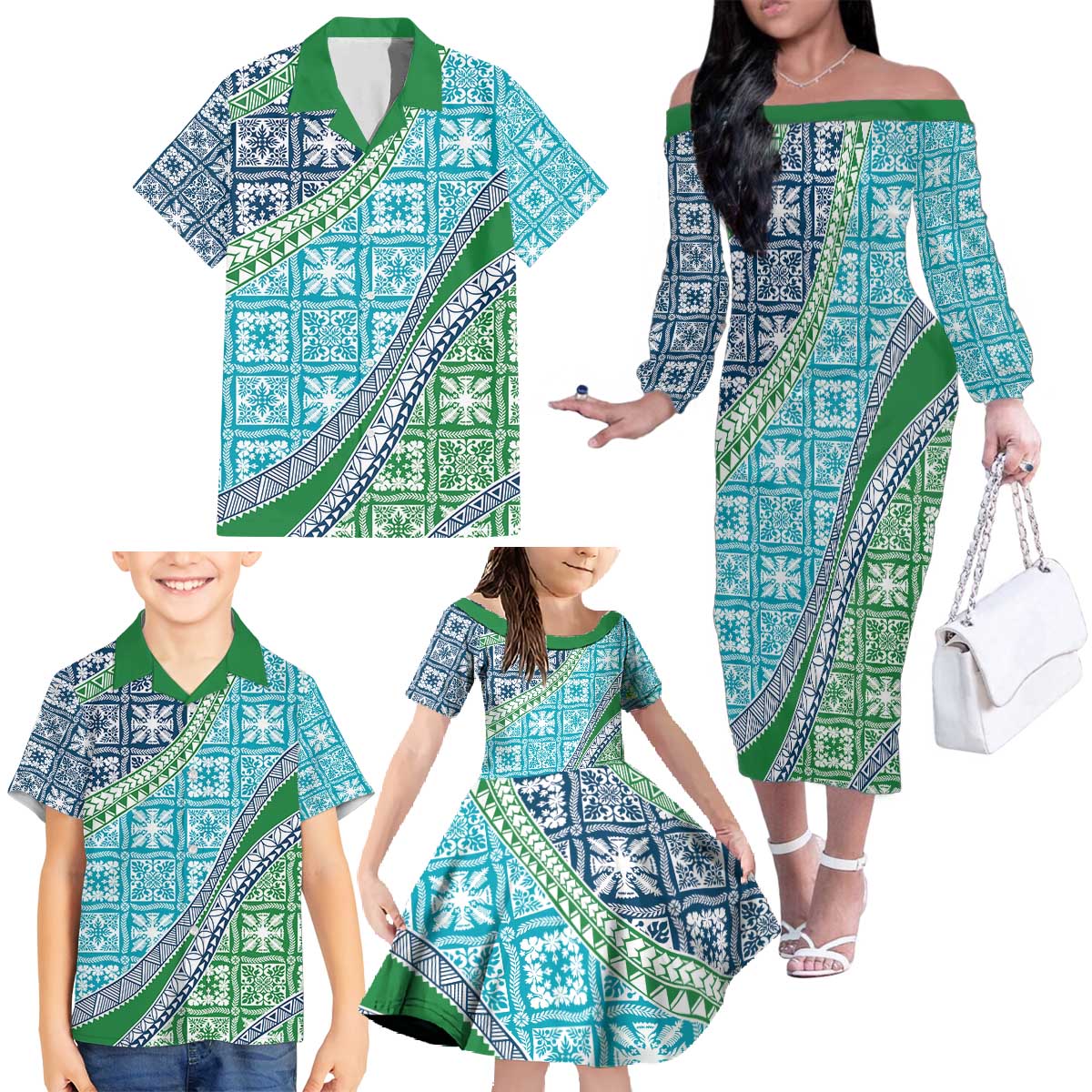 Hawaiian Quilt Pattern Family Matching Off The Shoulder Long Sleeve Dress and Hawaiian Shirt Fresh Color Mixed - Polynesian Pride