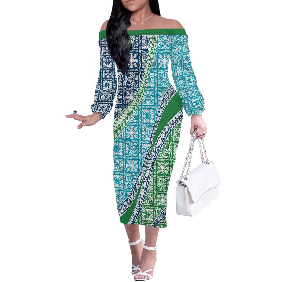 Hawaiian Quilt Pattern Family Matching Off The Shoulder Long Sleeve Dress and Hawaiian Shirt Fresh Color Mixed - Polynesian Pride