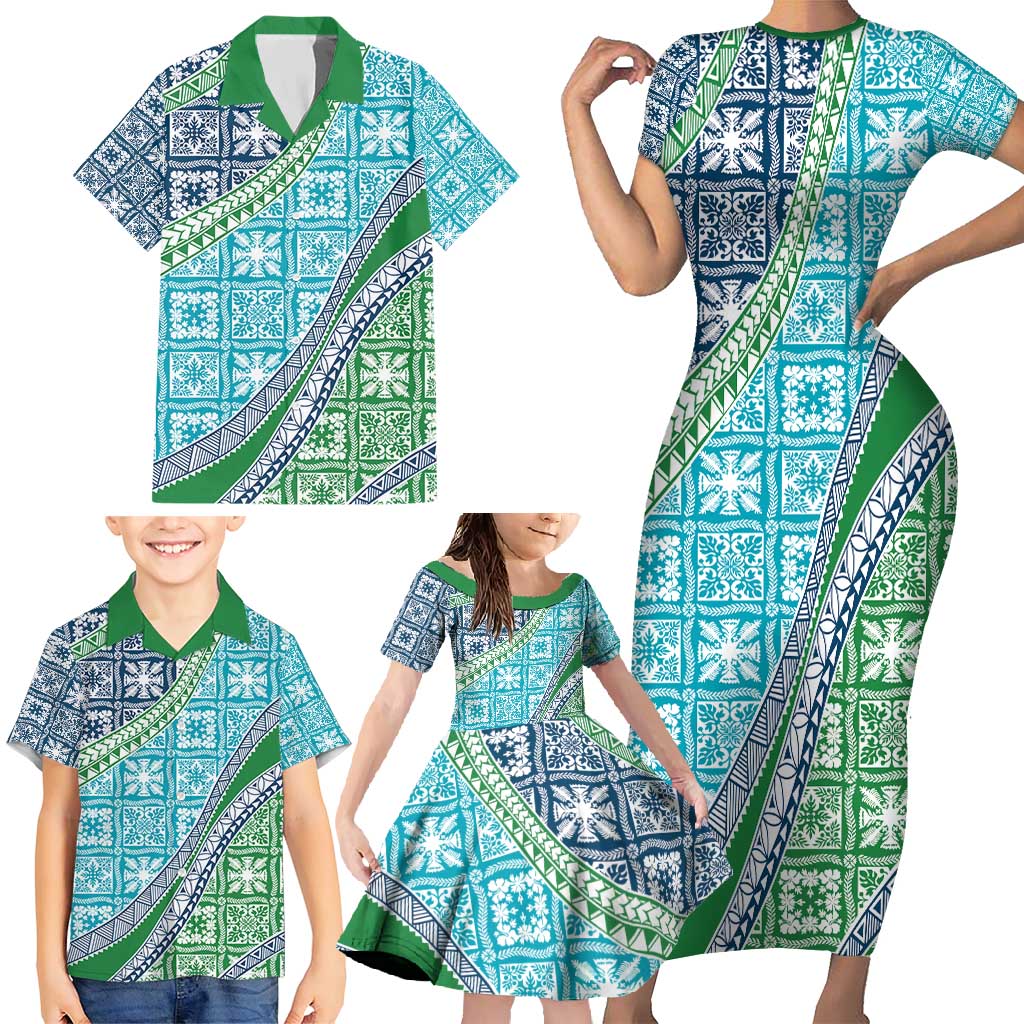 Hawaiian Quilt Pattern Family Matching Short Sleeve Bodycon Dress and Hawaiian Shirt Fresh Color Mixed - Polynesian Pride