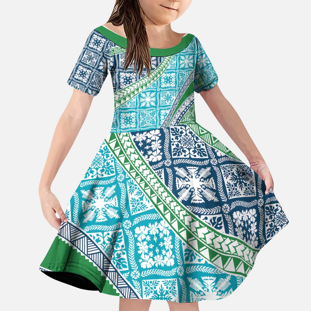 Hawaiian Quilt Pattern Kid Short Sleeve Dress Fresh Color Mixed - Polynesian Pride