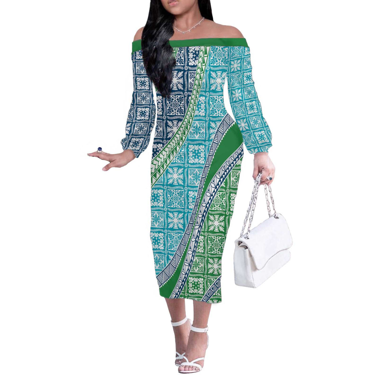 Hawaiian Quilt Pattern Off The Shoulder Long Sleeve Dress Fresh Color Mixed - Polynesian Pride