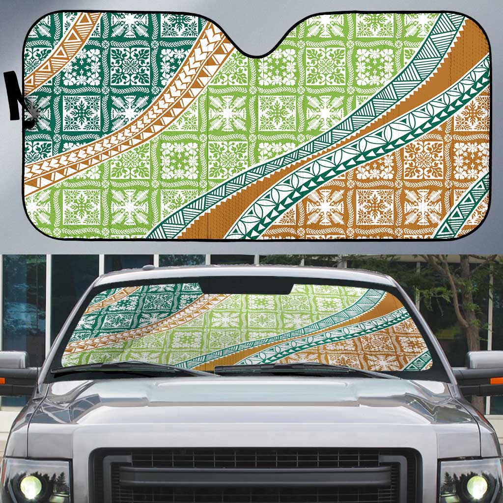 Hawaiian Quilt Pattern Auto Sun Shade Green Chestnut Color Mixed - Polynesian Pride