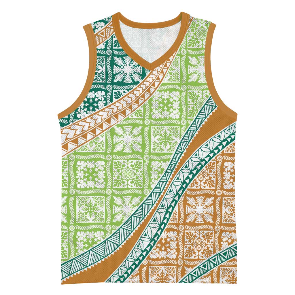 Hawaiian Quilt Pattern Basketball Jersey Green Chestnut Color Mixed - Polynesian Pride