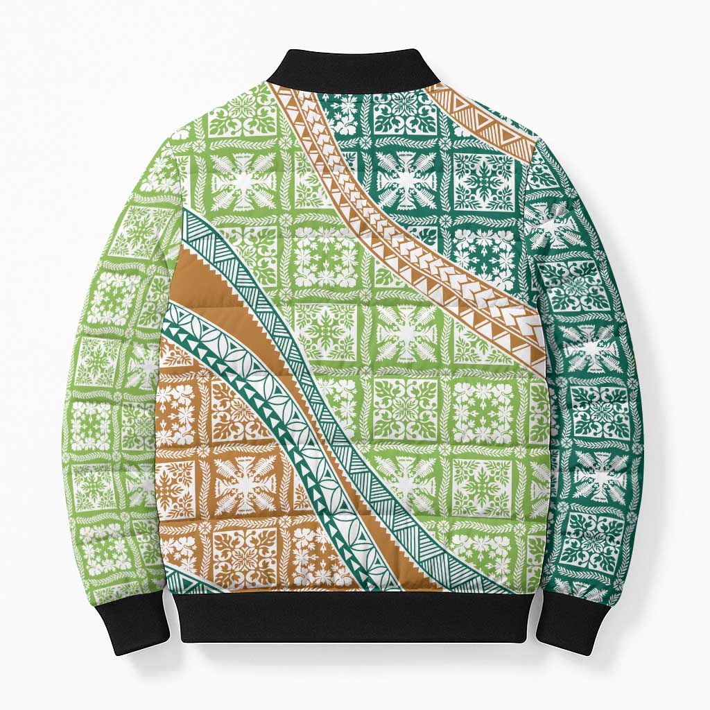 Hawaiian Quilt Pattern Bomber Puffer Jacket Green Chestnut Color Mixed - Polynesian Pride