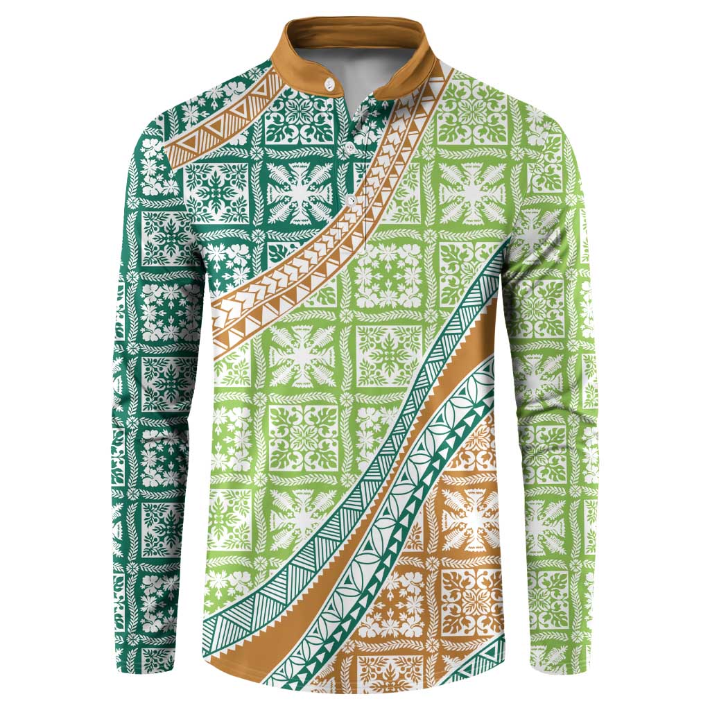 Hawaiian Quilt Pattern Button Sweatshirt Green Chestnut Color Mixed - Polynesian Pride