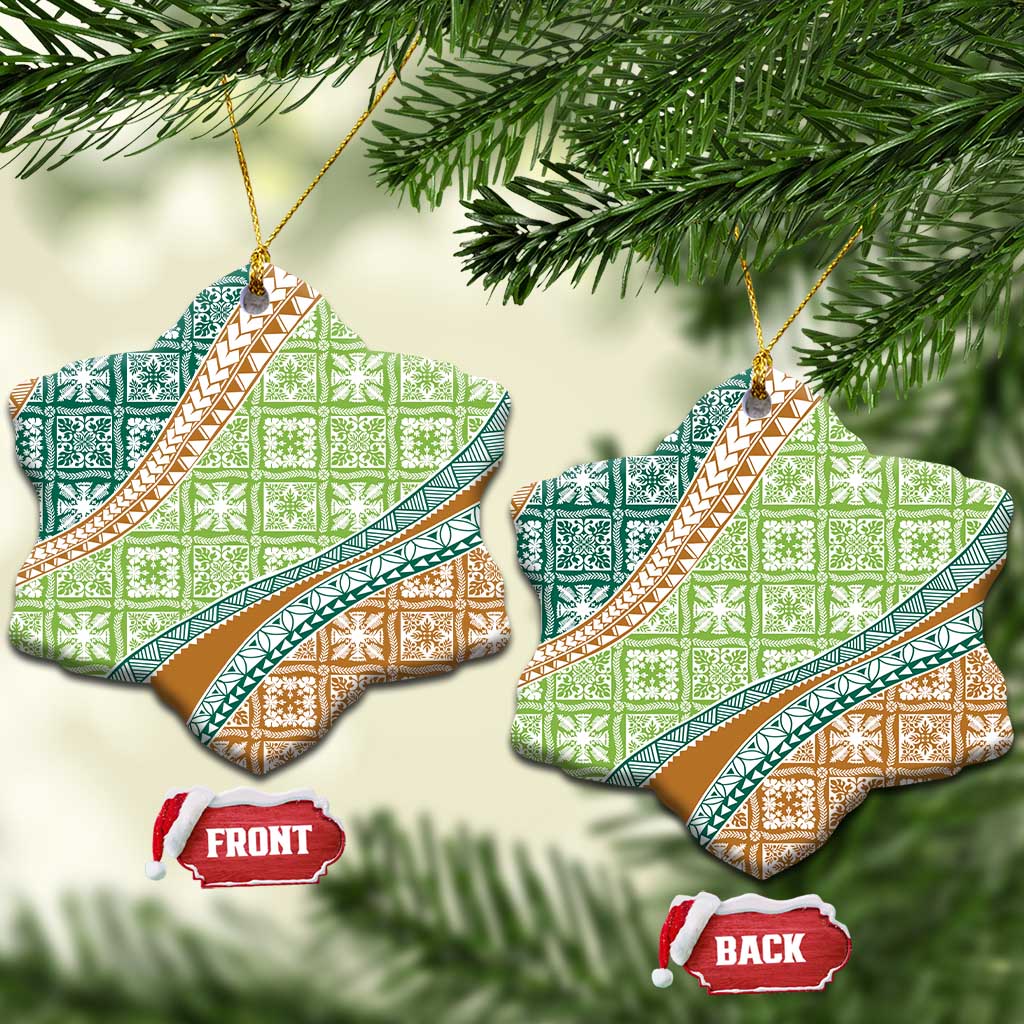 Hawaiian Quilt Pattern Ceramic Ornament Green Chestnut Color Mixed - Polynesian Pride