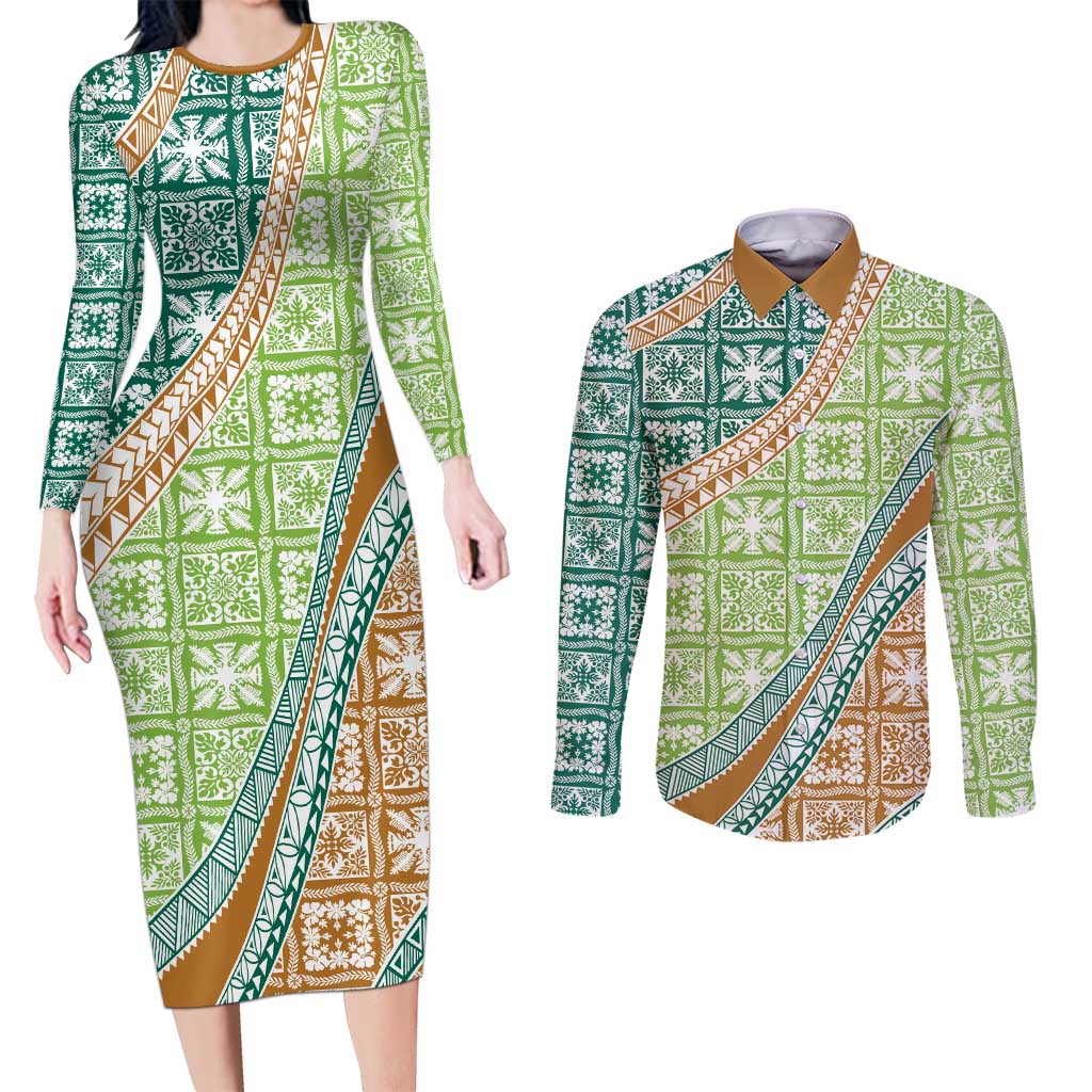 Hawaiian Quilt Pattern Couples Matching Long Sleeve Bodycon Dress and Long Sleeve Button Shirt Green Chestnut Color Mixed - Polynesian Pride