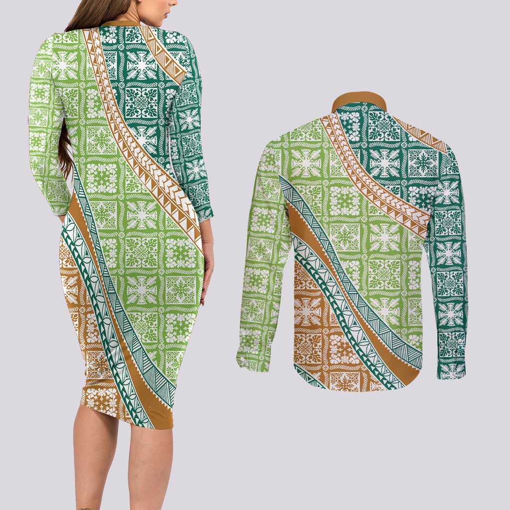 Hawaiian Quilt Pattern Couples Matching Long Sleeve Bodycon Dress and Long Sleeve Button Shirt Green Chestnut Color Mixed - Polynesian Pride