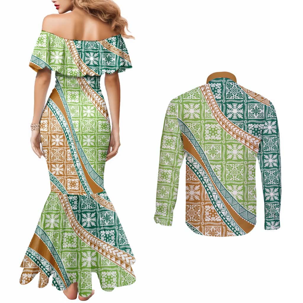 Hawaiian Quilt Pattern Couples Matching Mermaid Dress and Long Sleeve Button Shirt Green Chestnut Color Mixed - Polynesian Pride