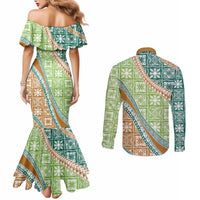 Hawaiian Quilt Pattern Couples Matching Mermaid Dress and Long Sleeve Button Shirt Green Chestnut Color Mixed - Polynesian Pride