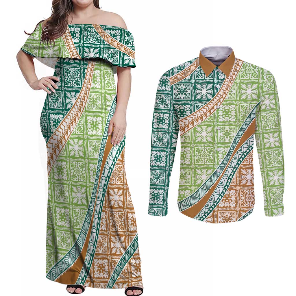 Hawaiian Quilt Pattern Couples Matching Off Shoulder Maxi Dress and Long Sleeve Button Shirt Green Chestnut Color Mixed - Polynesian Pride