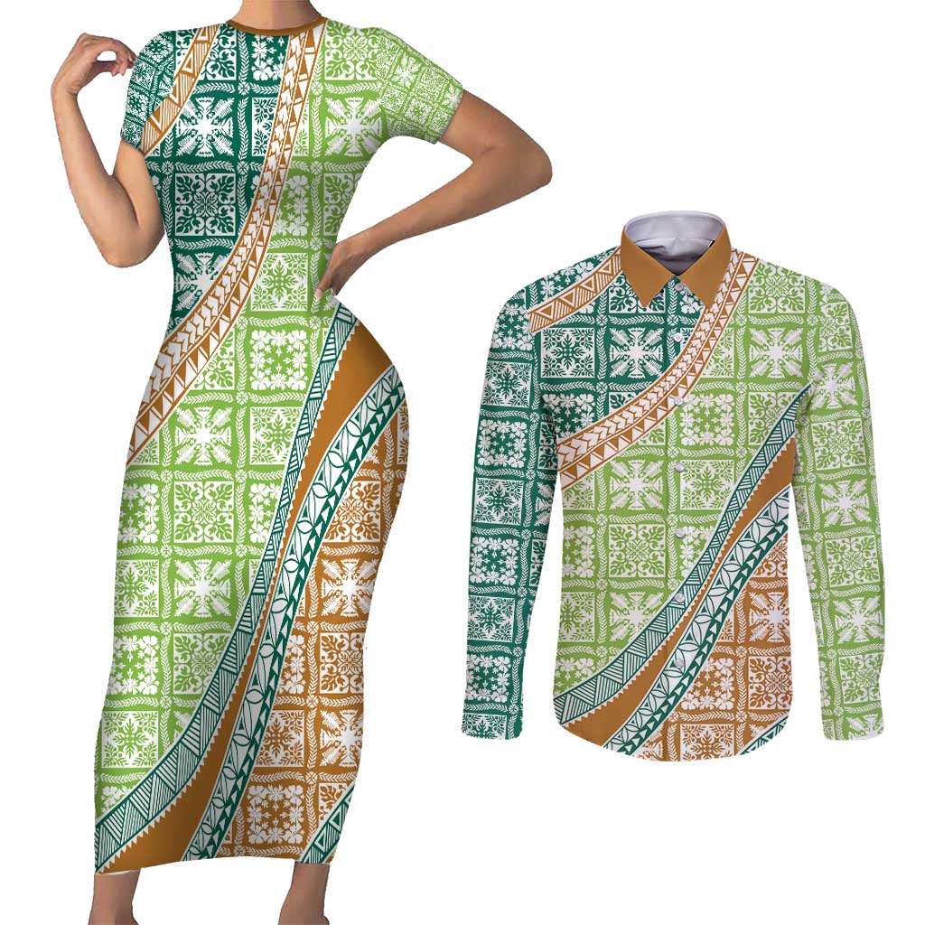Hawaiian Quilt Pattern Couples Matching Short Sleeve Bodycon Dress and Long Sleeve Button Shirt Green Chestnut Color Mixed - Polynesian Pride