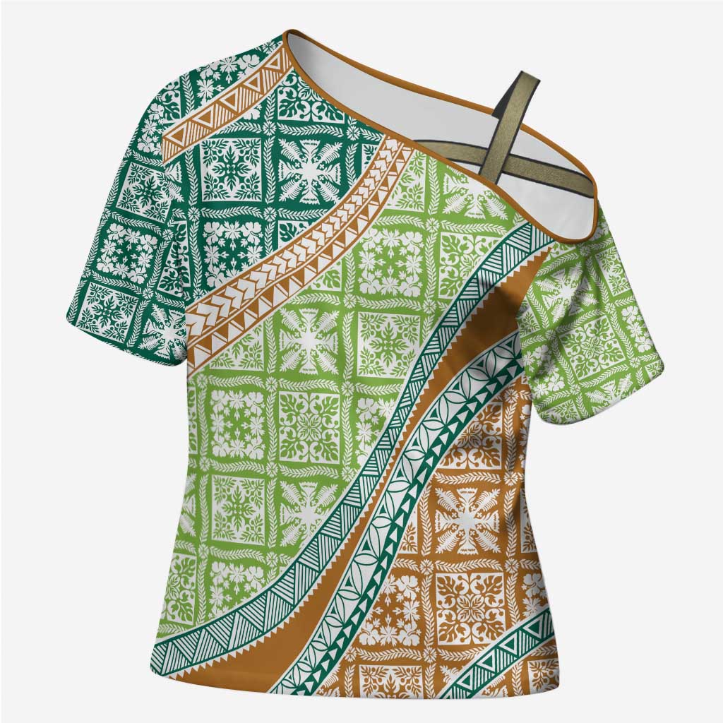 Hawaiian Quilt Pattern Cross Shoulder Shirt Green Chestnut Color Mixed - Polynesian Pride