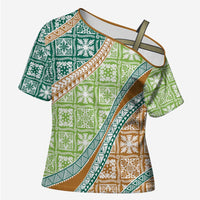 Hawaiian Quilt Pattern Cross Shoulder Shirt Green Chestnut Color Mixed - Polynesian Pride