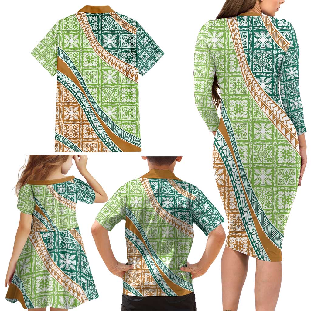 Hawaiian Quilt Pattern Family Matching Long Sleeve Bodycon Dress and Hawaiian Shirt Green Chestnut Color Mixed - Polynesian Pride