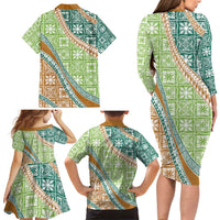 Hawaiian Quilt Pattern Family Matching Long Sleeve Bodycon Dress and Hawaiian Shirt Green Chestnut Color Mixed - Polynesian Pride