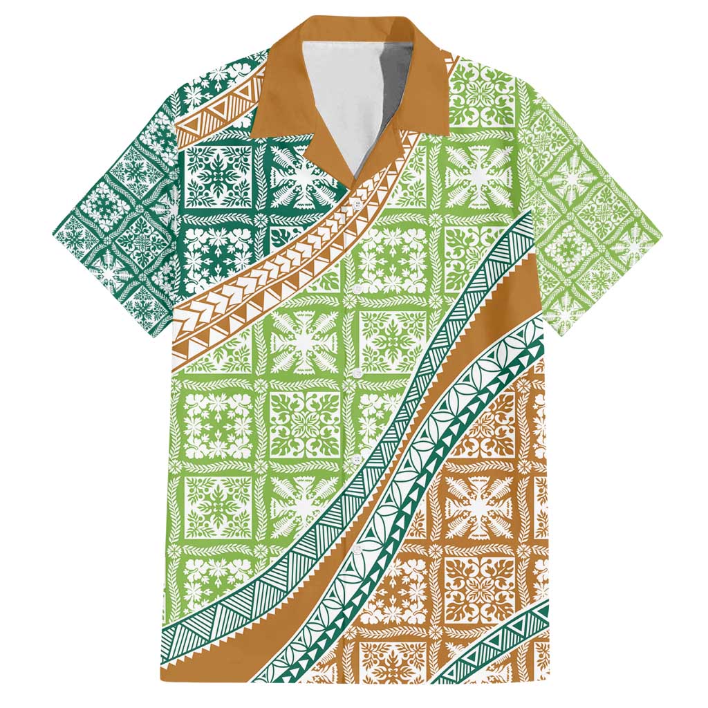 Hawaiian Quilt Pattern Family Matching Long Sleeve Bodycon Dress and Hawaiian Shirt Green Chestnut Color Mixed - Polynesian Pride