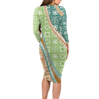 Hawaiian Quilt Pattern Family Matching Long Sleeve Bodycon Dress and Hawaiian Shirt Green Chestnut Color Mixed - Polynesian Pride