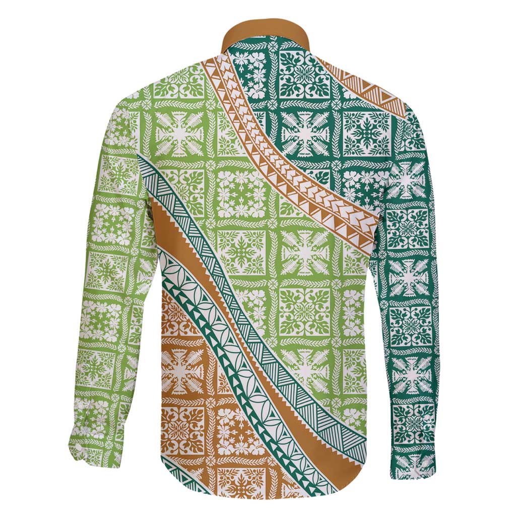 Hawaiian Quilt Pattern Family Matching Mermaid Dress and Hawaiian Shirt Green Chestnut Color Mixed - Polynesian Pride