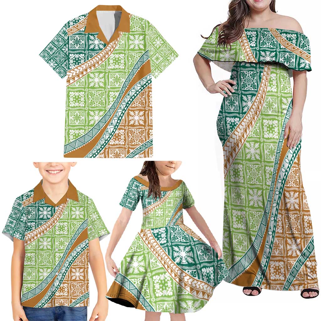 Hawaiian Quilt Pattern Family Matching Off Shoulder Maxi Dress and Hawaiian Shirt Green Chestnut Color Mixed - Polynesian Pride
