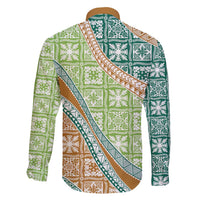 Hawaiian Quilt Pattern Family Matching Off Shoulder Maxi Dress and Hawaiian Shirt Green Chestnut Color Mixed - Polynesian Pride