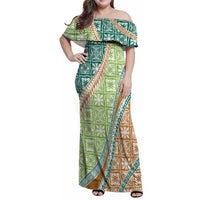 Hawaiian Quilt Pattern Family Matching Off Shoulder Maxi Dress and Hawaiian Shirt Green Chestnut Color Mixed - Polynesian Pride