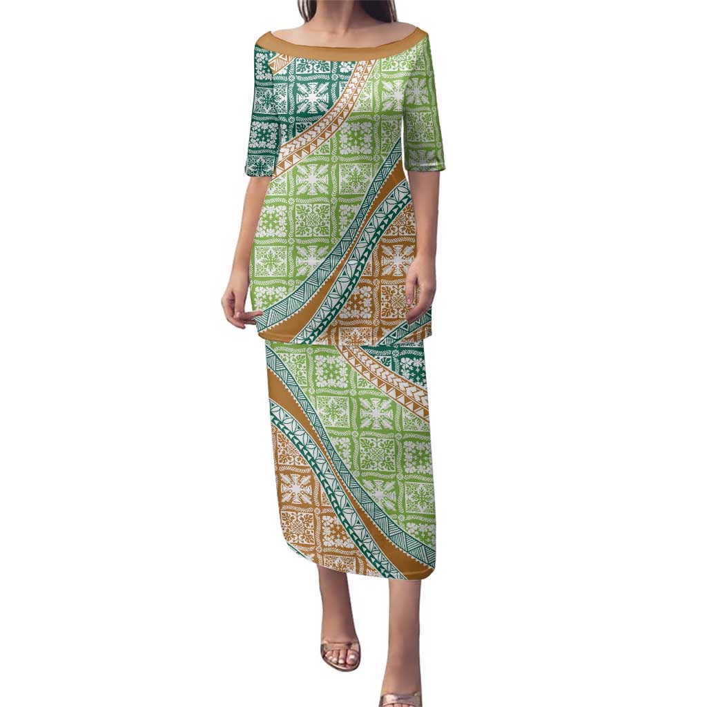 Hawaiian Quilt Pattern Family Matching Puletasi and Hawaiian Shirt Green Chestnut Color Mixed - Polynesian Pride