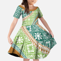 Hawaiian Quilt Pattern Family Matching Short Sleeve Bodycon Dress and Hawaiian Shirt Green Chestnut Color Mixed - Polynesian Pride