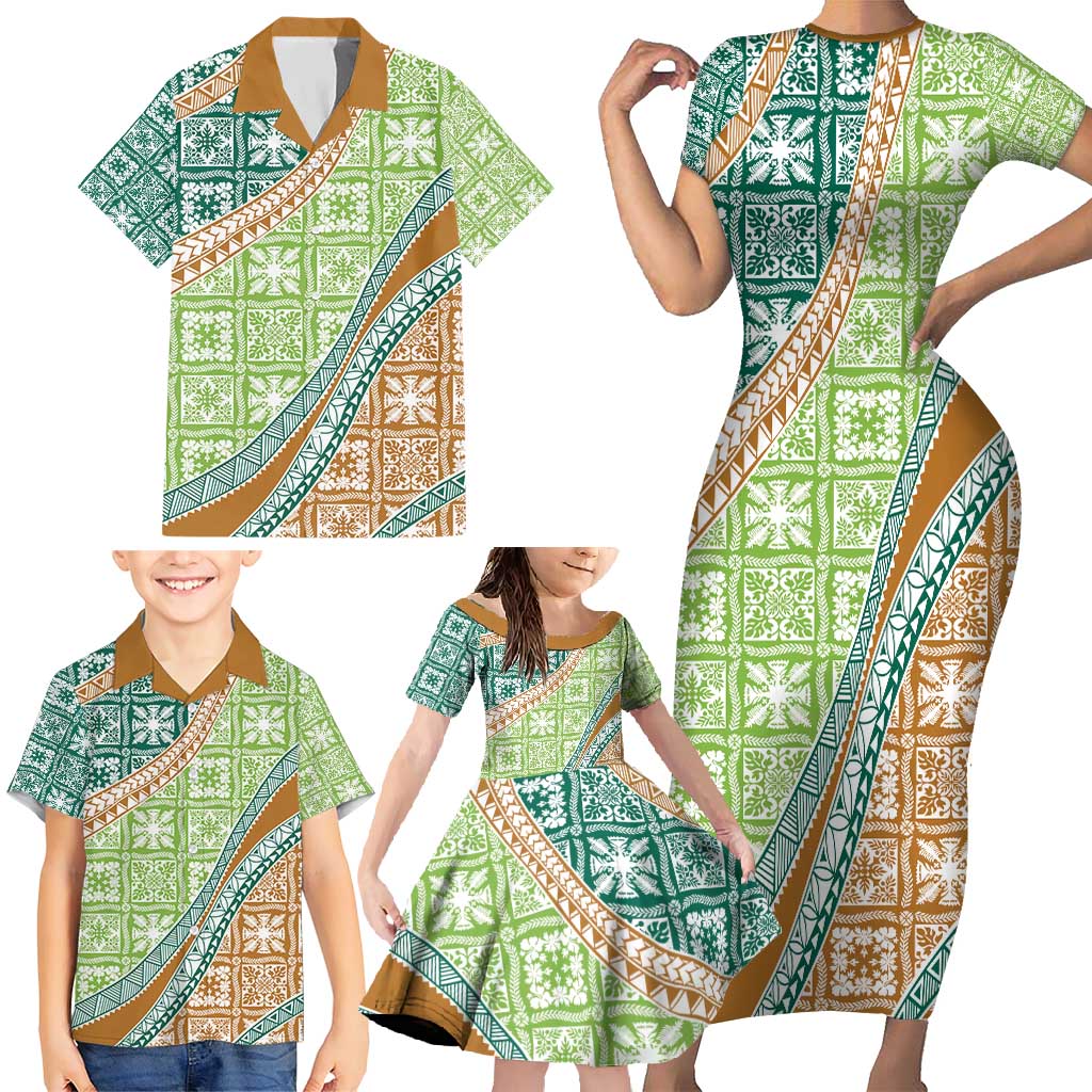 Hawaiian Quilt Pattern Family Matching Short Sleeve Bodycon Dress and Hawaiian Shirt Green Chestnut Color Mixed - Polynesian Pride