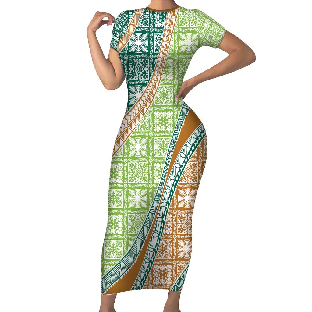 Hawaiian Quilt Pattern Family Matching Short Sleeve Bodycon Dress and Hawaiian Shirt Green Chestnut Color Mixed - Polynesian Pride