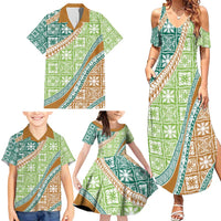 Hawaiian Quilt Pattern Family Matching Summer Maxi Dress and Hawaiian Shirt Green Chestnut Color Mixed - Polynesian Pride