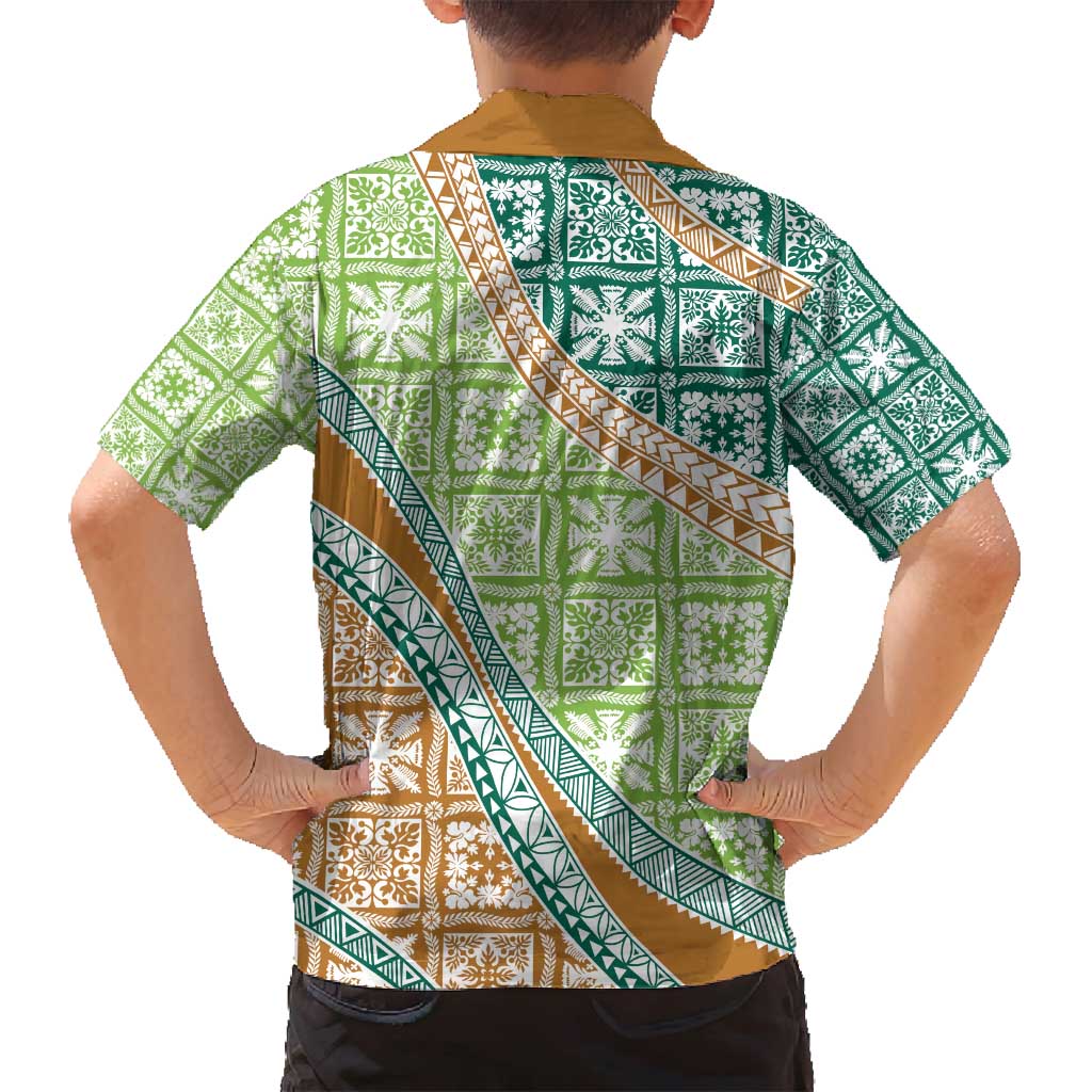 Hawaiian Quilt Pattern Family Matching Tank Maxi Dress and Hawaiian Shirt Green Chestnut Color Mixed - Polynesian Pride