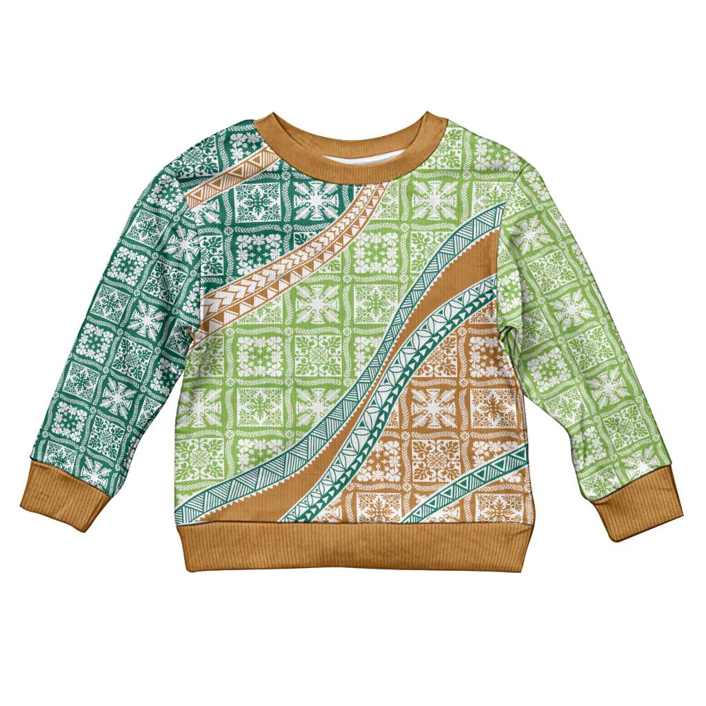 Hawaiian Quilt Pattern Kid Ugly Christmas Sweater Green Chestnut Color Mixed - Polynesian Pride
