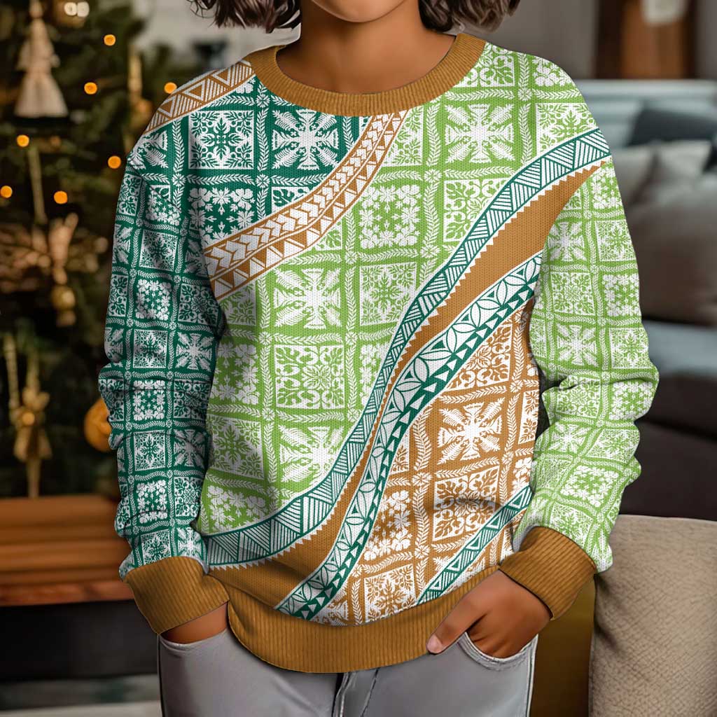 Hawaiian Quilt Pattern Kid Ugly Christmas Sweater Green Chestnut Color Mixed - Polynesian Pride