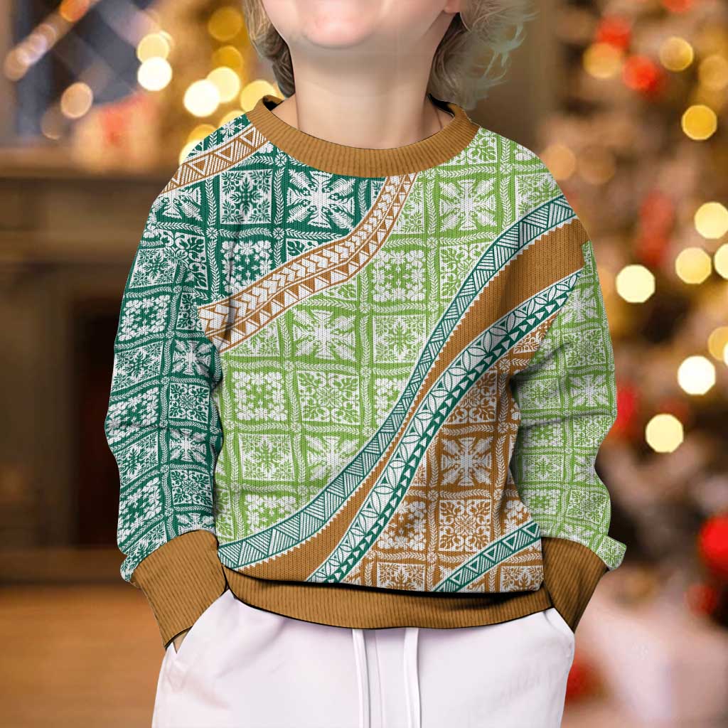 Hawaiian Quilt Pattern Kid Ugly Christmas Sweater Green Chestnut Color Mixed - Polynesian Pride