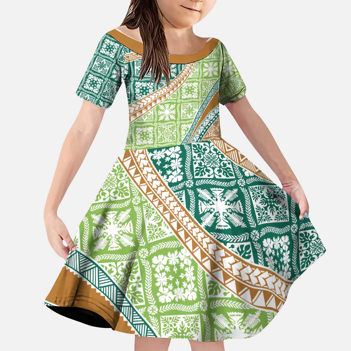 Hawaiian Quilt Pattern Kid Short Sleeve Dress Green Chestnut Color Mixed - Polynesian Pride
