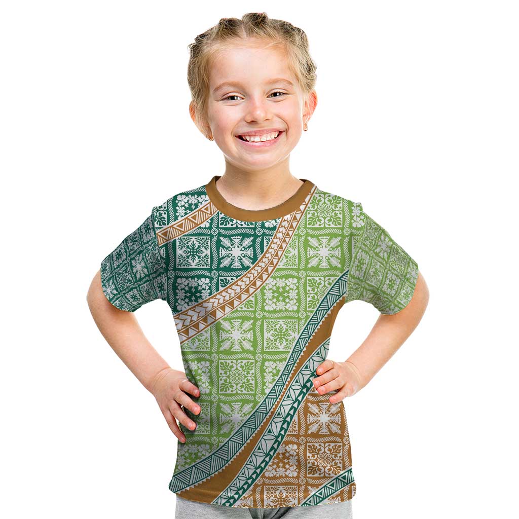 Hawaiian Quilt Pattern Kid T Shirt Green Chestnut Color Mixed - Polynesian Pride
