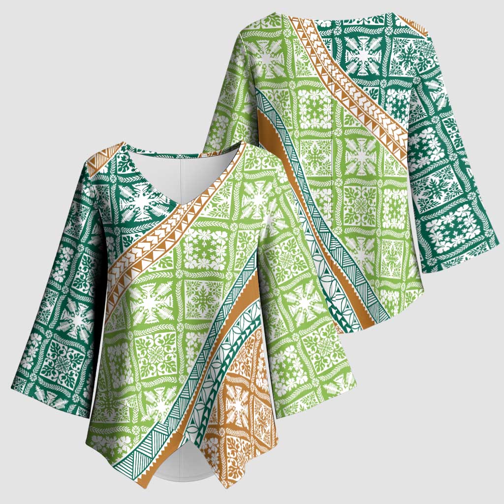 Hawaiian Quilt Pattern Kimono Sleeve Blouse Green Chestnut Color Mixed - Polynesian Pride