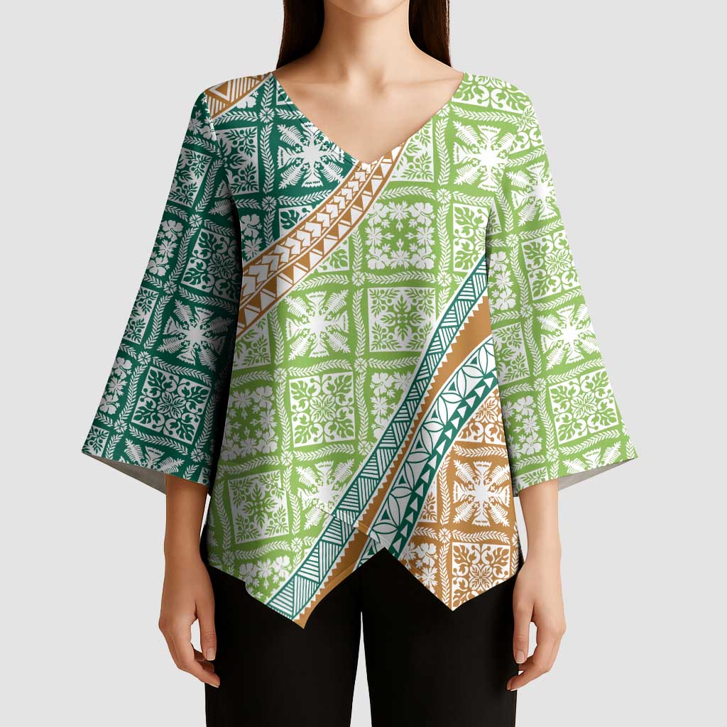 Hawaiian Quilt Pattern Kimono Sleeve Blouse Green Chestnut Color Mixed - Polynesian Pride