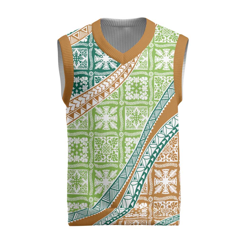 Hawaiian Quilt Pattern Christmas Knitted V-Neck Vest Green Chestnut Color Mixed - Polynesian Pride