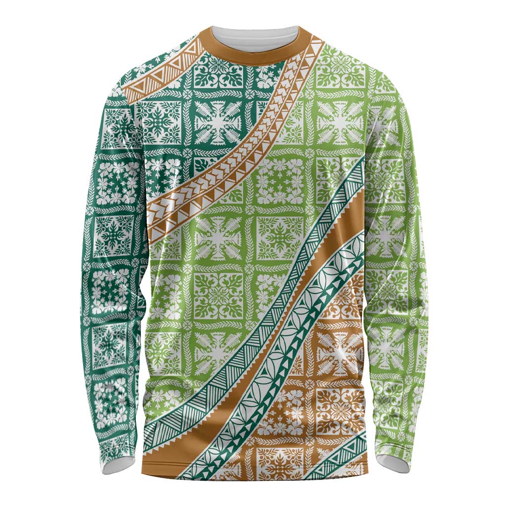Hawaiian Quilt Pattern Long Sleeve Shirt Green Chestnut Color Mixed - Polynesian Pride