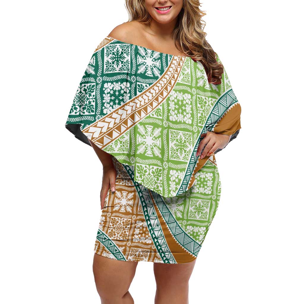 Hawaiian Quilt Pattern Off Shoulder Short Dress Green Chestnut Color Mixed - Polynesian Pride