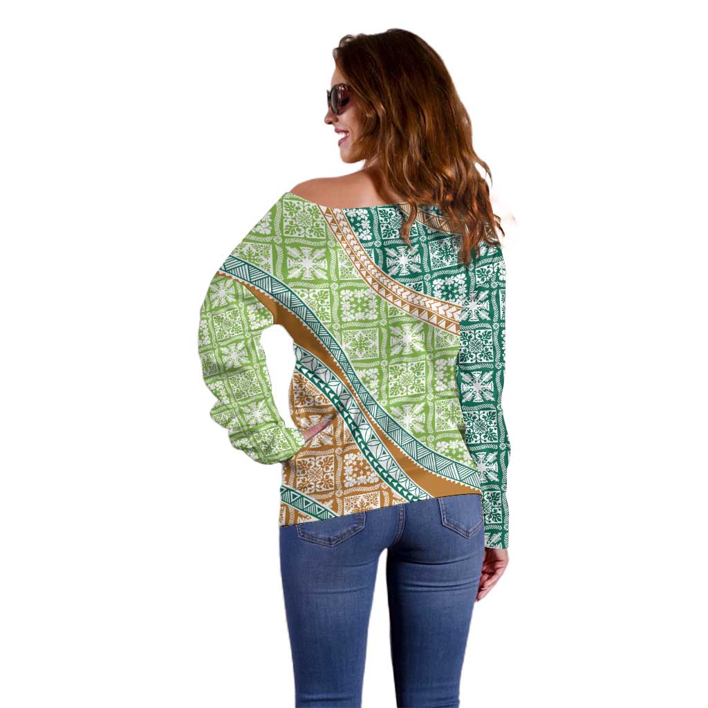 Hawaiian Quilt Pattern Off Shoulder Sweater Green Chestnut Color Mixed - Polynesian Pride