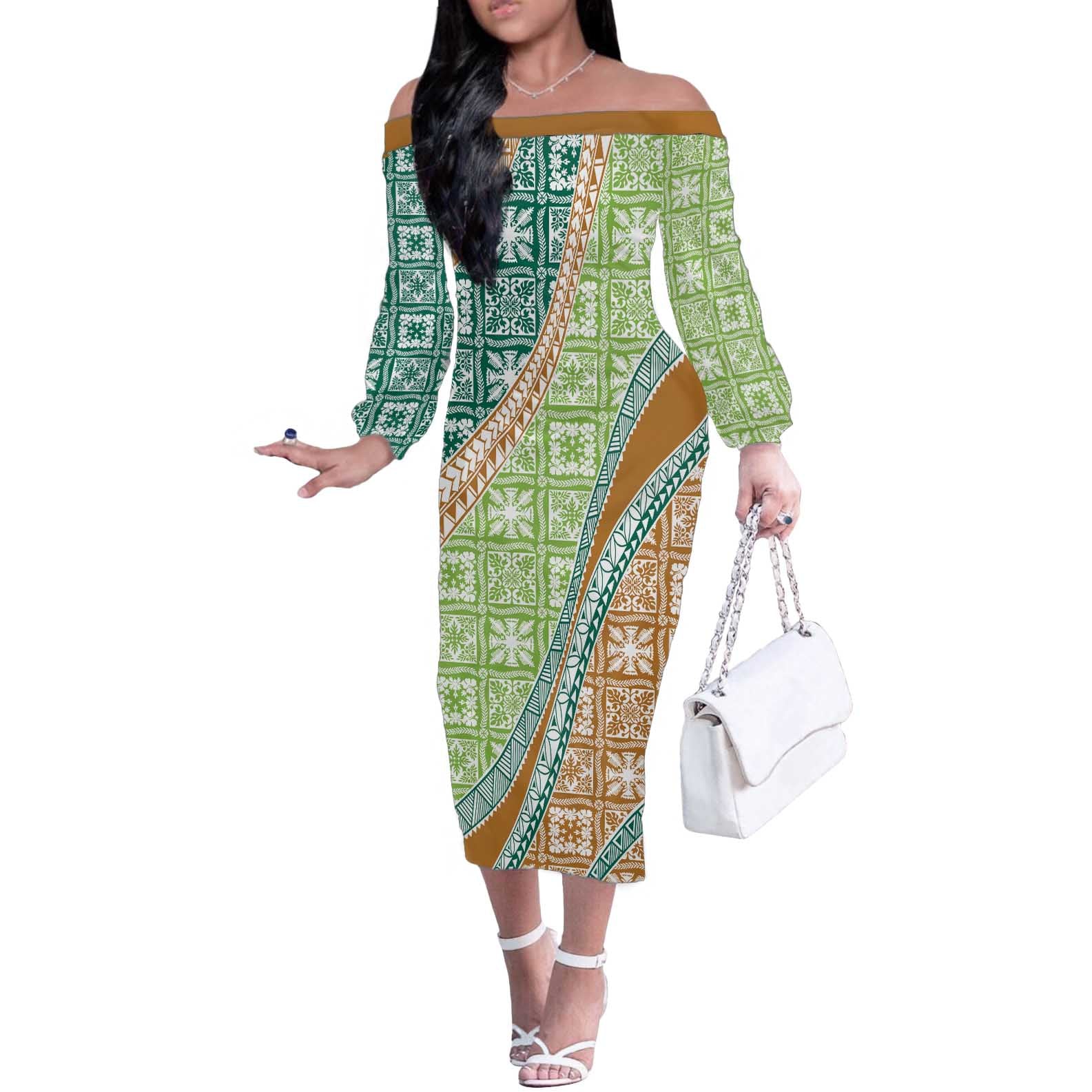 Hawaiian Quilt Pattern Off The Shoulder Long Sleeve Dress Green Chestnut Color Mixed - Polynesian Pride