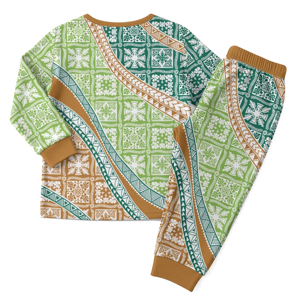 Hawaiian Quilt Pattern Christmas Pajama Set Green Chestnut Color Mixed - Polynesian Pride